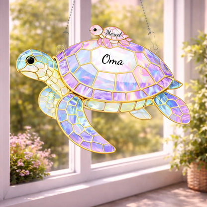 Tortue de Famille™ – Attrape-soleil vitrail personnalisé avec prénoms