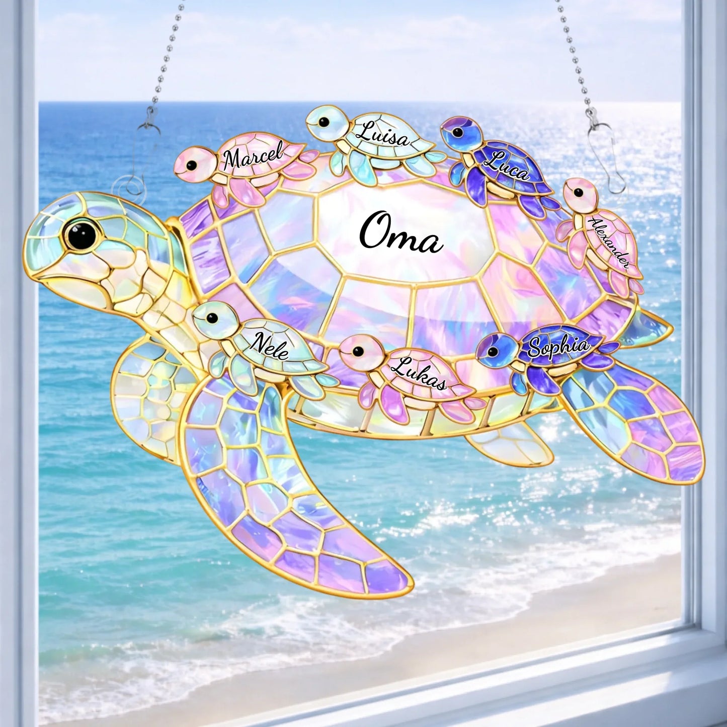 Tortue de Famille™ – Attrape-soleil vitrail personnalisé avec prénoms