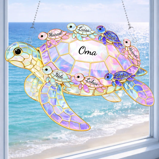 Tortue de Famille™ – Attrape-soleil vitrail personnalisé avec prénoms