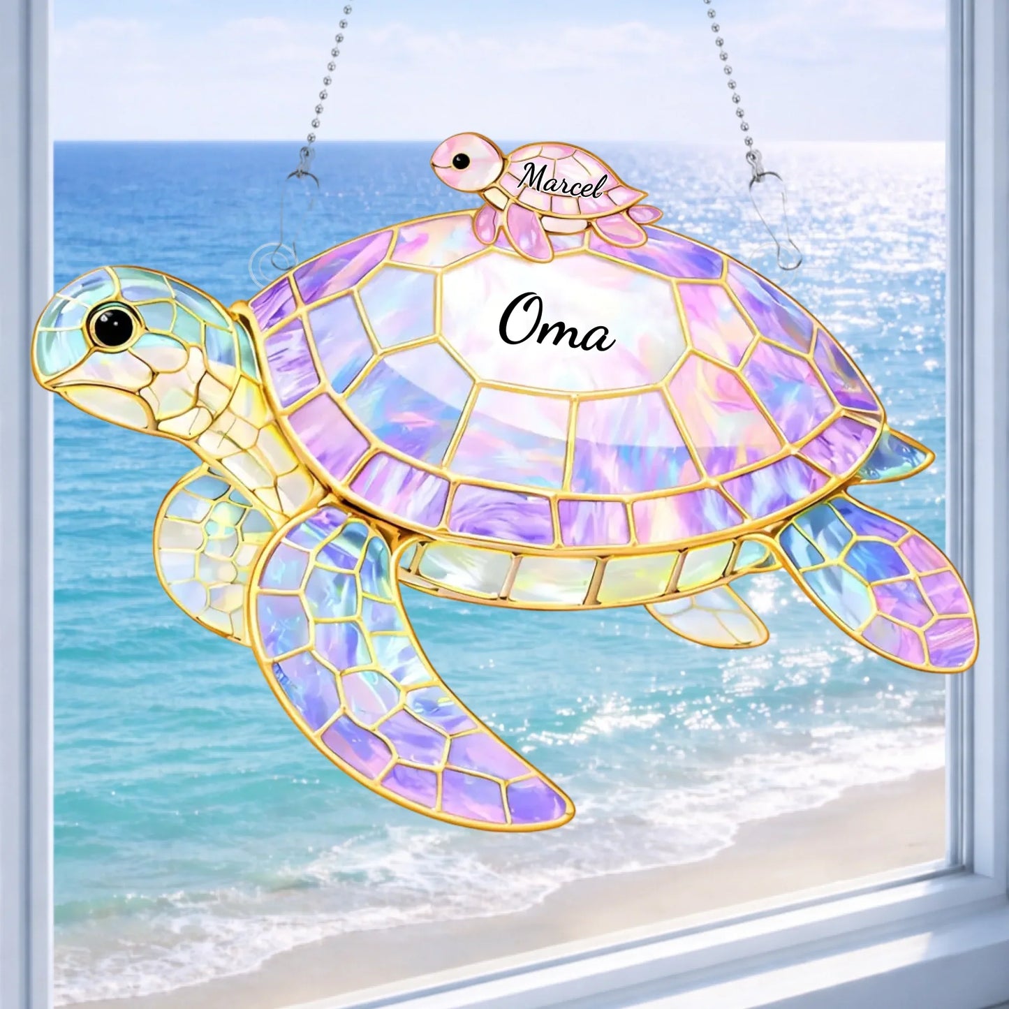 Tortue de Famille™ – Attrape-soleil vitrail personnalisé avec prénoms