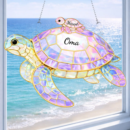 Tortue de Famille™ – Attrape-soleil vitrail personnalisé avec prénoms